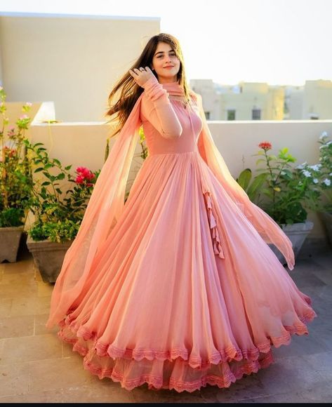 SOLID PEACH LONG FLAIR DOUBLE LAYERED ANARKALI WITH DUPATTA