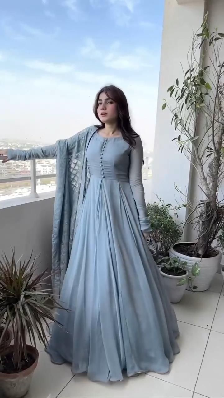 SOLID PEACH LONG FLAIR DOUBLE LAYERED ANARKALI WITH DUPATTA