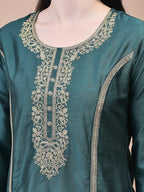 WOMEN SILK BLEND GREEN EMBROIDERED KURTA TROUSER DUPATTA