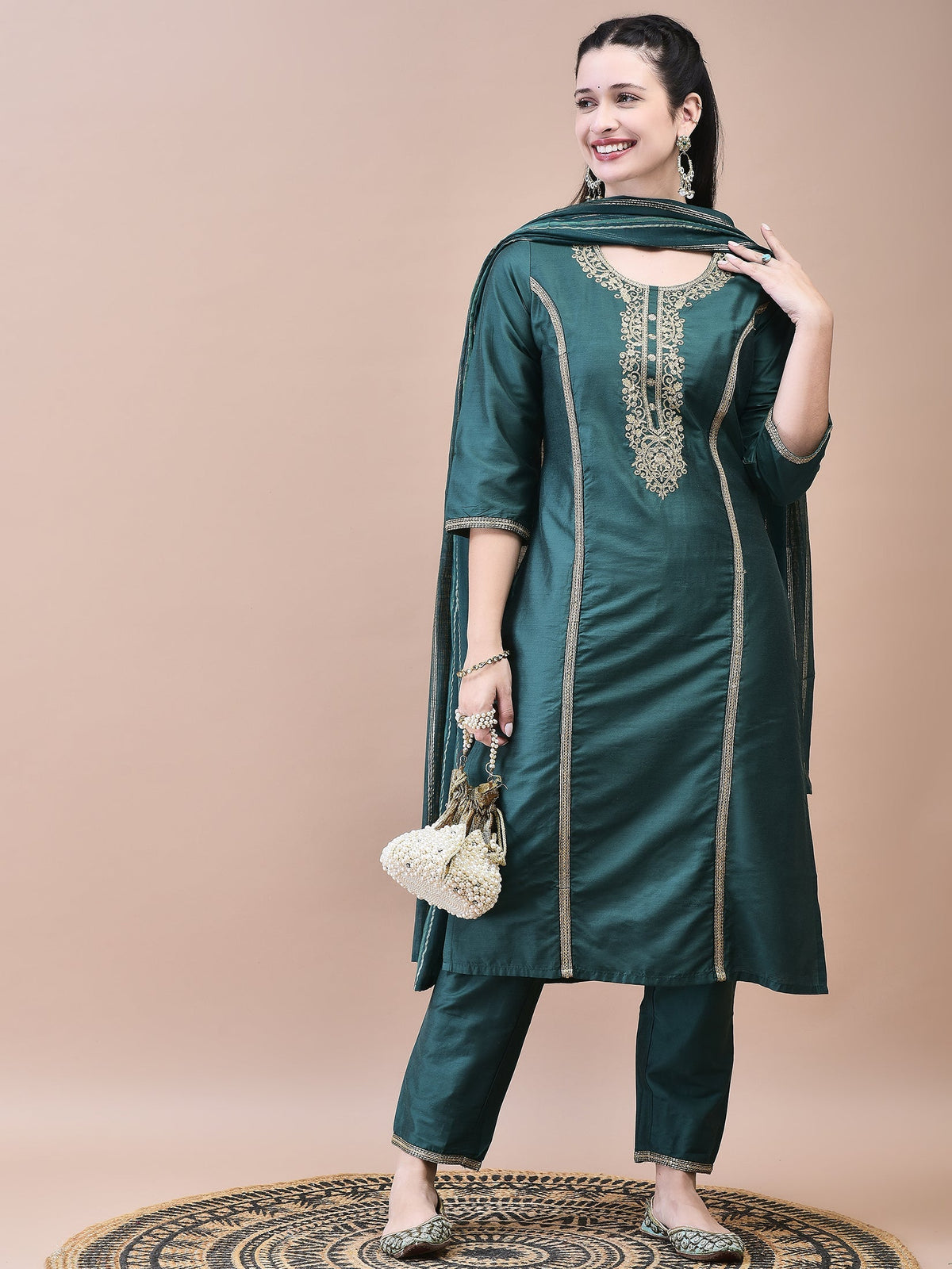 WOMEN SILK BLEND GREEN EMBROIDERED KURTA TROUSER DUPATTA
