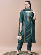 WOMEN SILK BLEND GREEN EMBROIDERED KURTA TROUSER DUPATTA