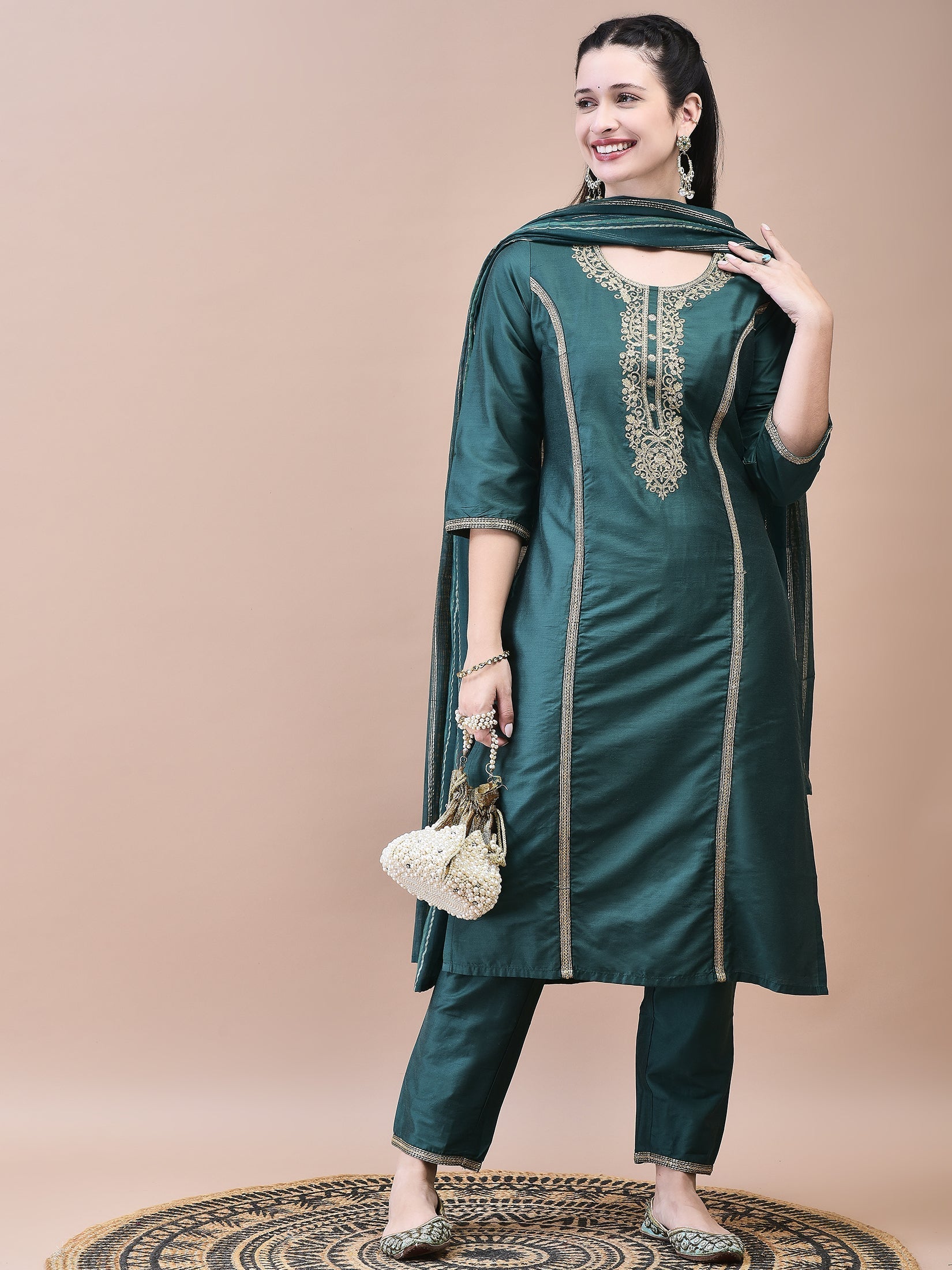 WOMEN SILK BLEND GREEN EMBROIDERED KURTA TROUSER DUPATTA