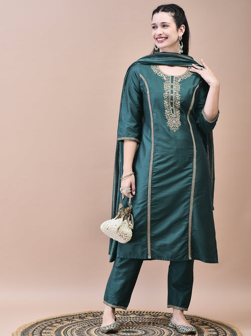 WOMEN SILK BLEND GREEN EMBROIDERED KURTA TROUSER DUPATTA