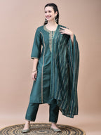 WOMEN SILK BLEND GREEN EMBROIDERED KURTA TROUSER DUPATTA