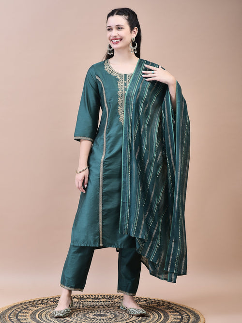 WOMEN SILK BLEND GREEN EMBROIDERED KURTA TROUSER DUPATTA