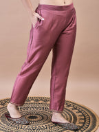WOMEN SILK BLEND PINK EMBROIDERED KURTA TROUSER CHANDERI DUPATTA