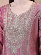 WOMEN SILK BLEND PINK EMBROIDERED KURTA TROUSER CHANDERI DUPATTA