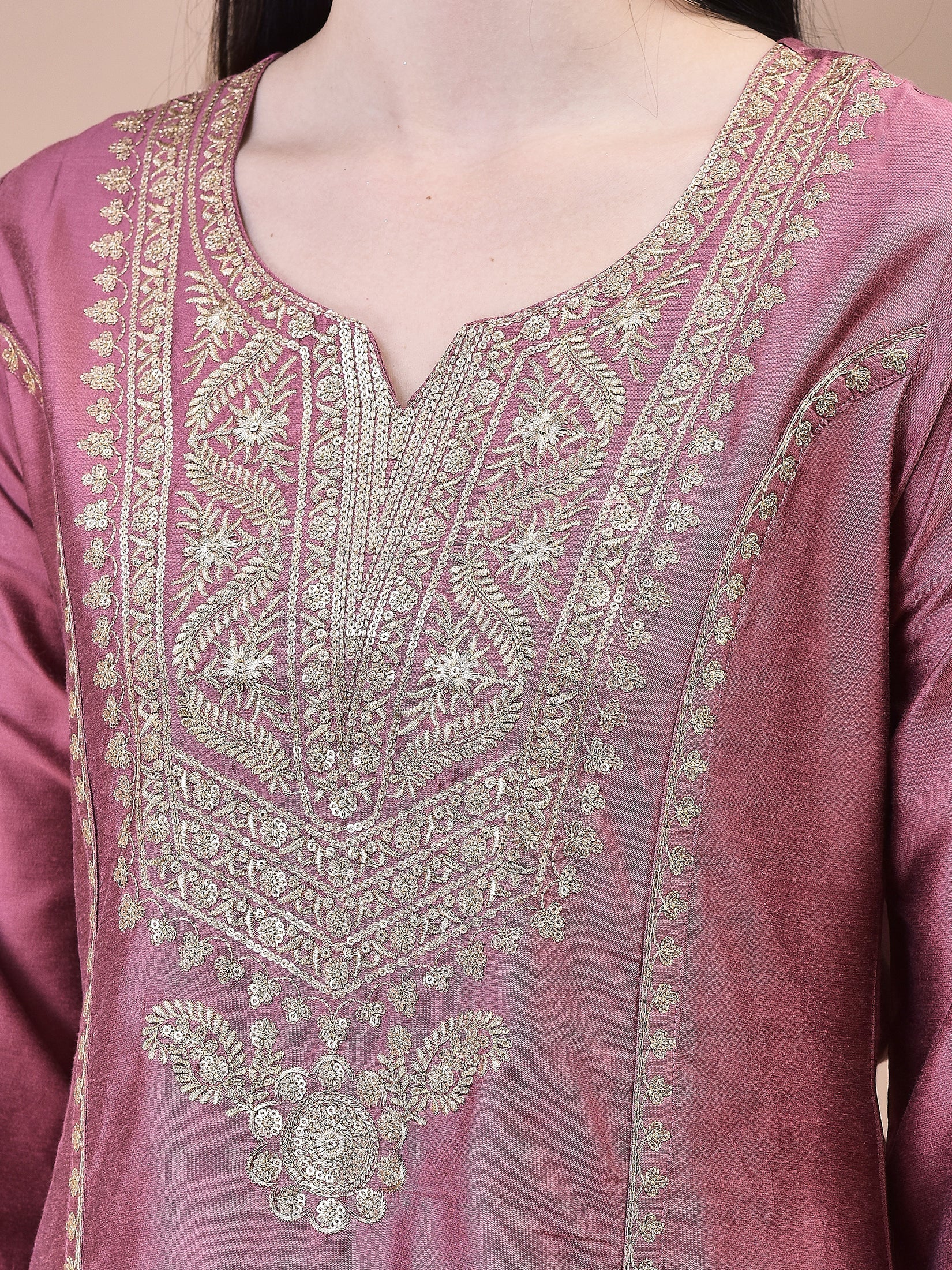 WOMEN SILK BLEND PINK EMBROIDERED KURTA TROUSER CHANDERI DUPATTA