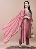 WOMEN SILK BLEND PINK EMBROIDERED KURTA TROUSER CHANDERI DUPATTA