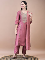WOMEN SILK BLEND PINK EMBROIDERED KURTA TROUSER CHANDERI DUPATTA