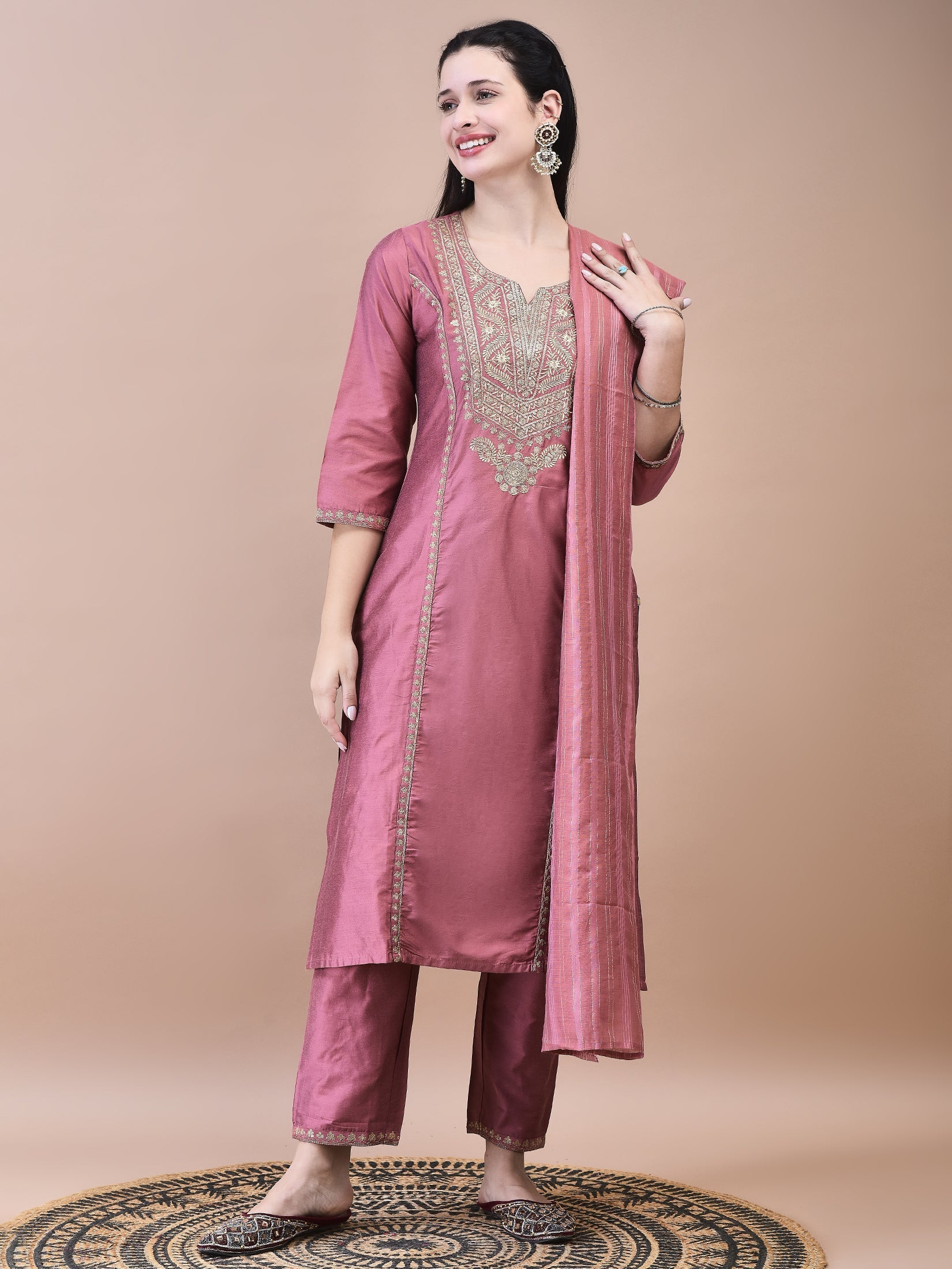 WOMEN SILK BLEND PINK EMBROIDERED KURTA TROUSER CHANDERI DUPATTA