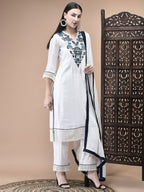 WOMEN VISCOSE WHITE EMBROIDERED KURTA COMFORT PANT DUPATTA