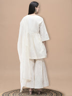 WOMEN COTTON OFF WHITE EMBROIDERED KURTA SHARARA DUPATTA