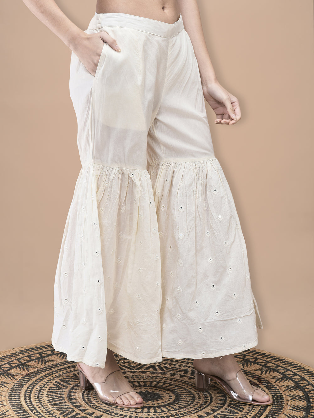 WOMEN COTTON OFF WHITE EMBROIDERED KURTA SHARARA DUPATTA
