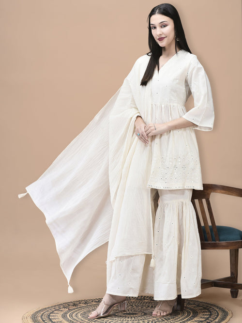 WOMEN COTTON OFF WHITE EMBROIDERED KURTA SHARARA DUPATTA